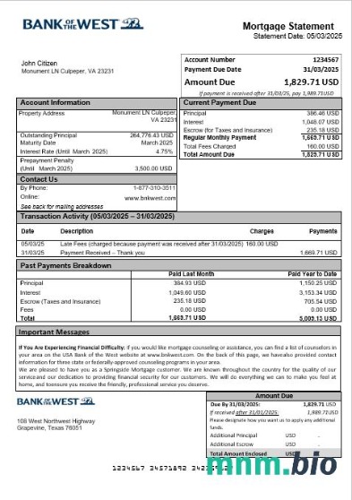 USA Bank of the West wyciąg z kredytu hipotecznego w formatach Word i PDF